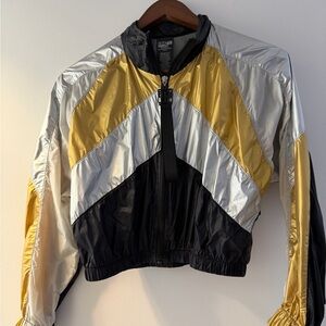 Stylish Boohoo Colorblock Bomber Jacket in Black, Silver, and Gold